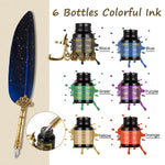 HASTHIP® Feather Pen with Ink, Calligraphy Feather Pen with Wax Seal Stamp, Includes Feather Dip Pen, Glass Dip Pen, 6 Ink, 18 Replacement Nibs, Pen Holder, Seal Stamp, Wax Beads, Wax Spoon