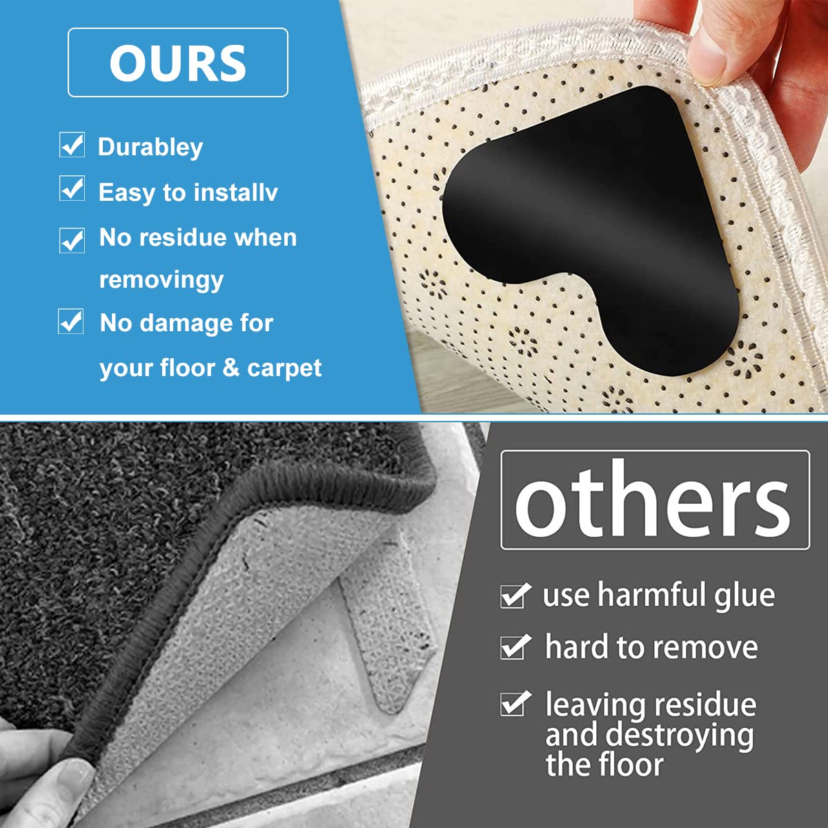 HASTHIP Rug Corner Grippers for Hardwood Floors with Double Sided Non Slip Design | 12PCS Reusable Pads