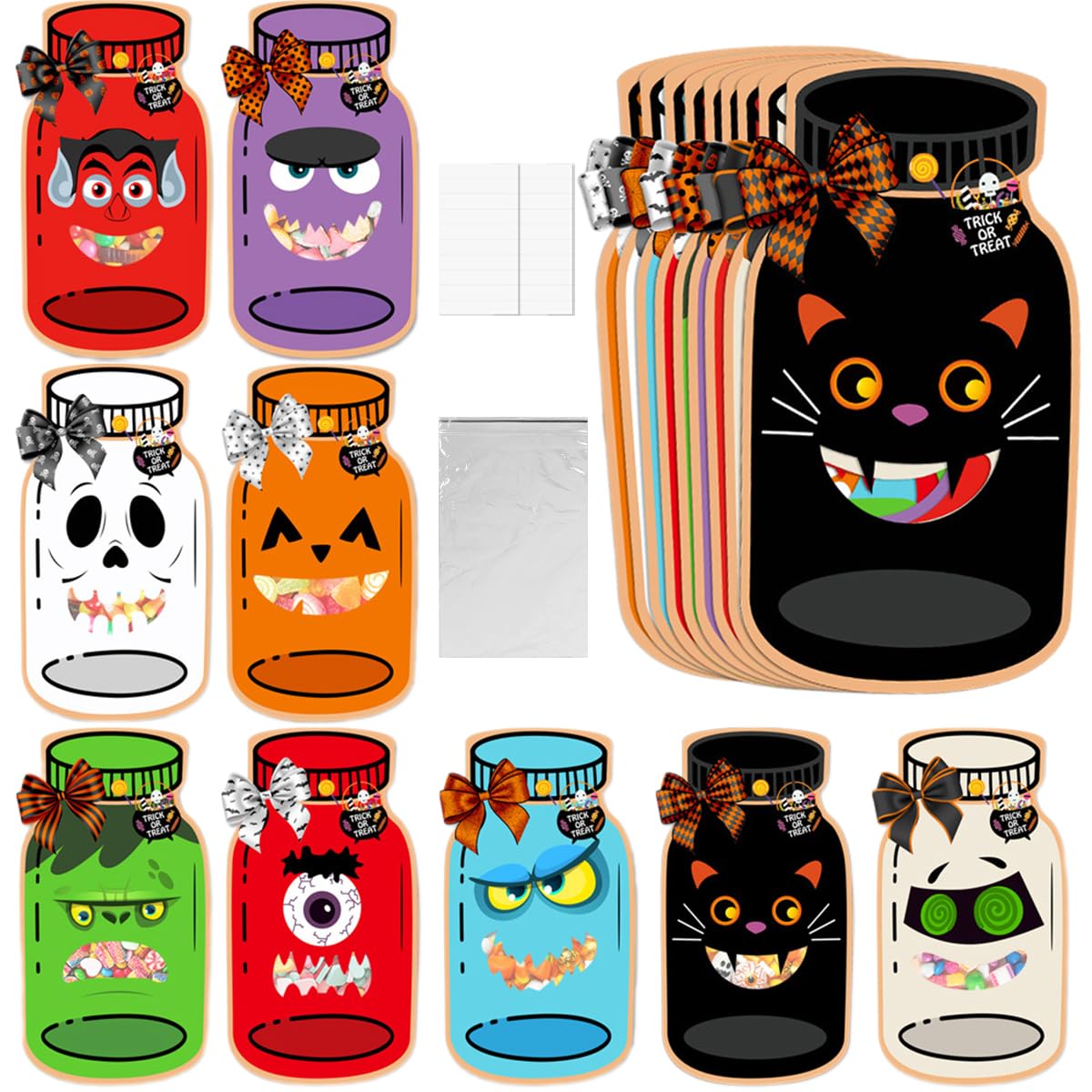 HASTHIP Halloween Treat Bag Fillers for Trick or Treat with 18 Sets 9 Designs | Paper Candy Pouches