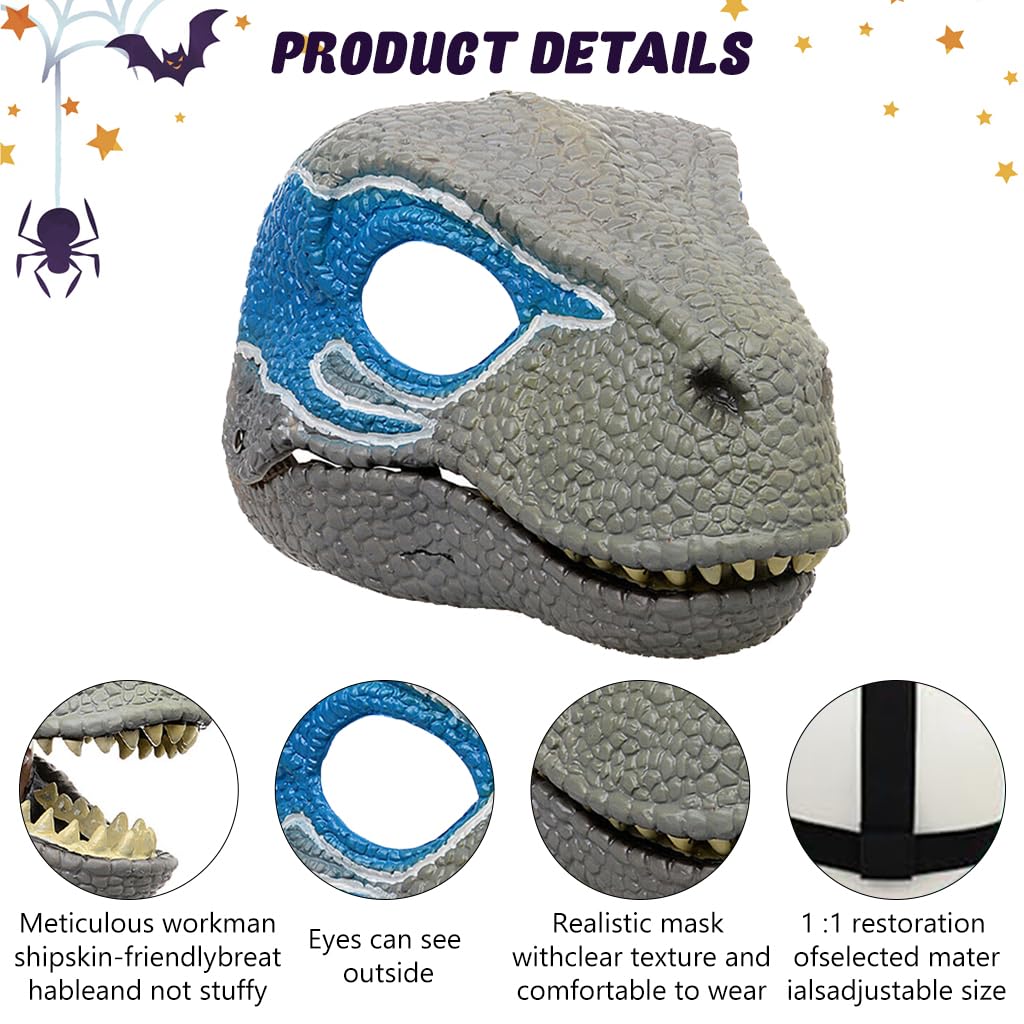 HASTHIP® Máscara de Dinosaurio Jurásico,Dino Mask Realista Velociraptor Blue con Mandíbula Móvil y Sonidos Rugientes,Máscara de Juego Rol Inspirada en Película para Niños y Adultos