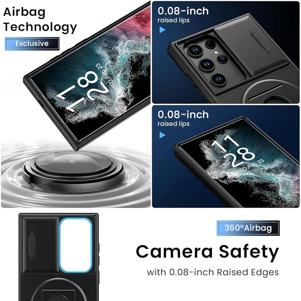 HASTHIP® 6.8" Black Samsung Galaxy S22 Ultra Case with Sliding Camera Protector, MagSafe Compatible Ring Holder, Durable TPU, Anti-Scratch, Hands-Free Stand