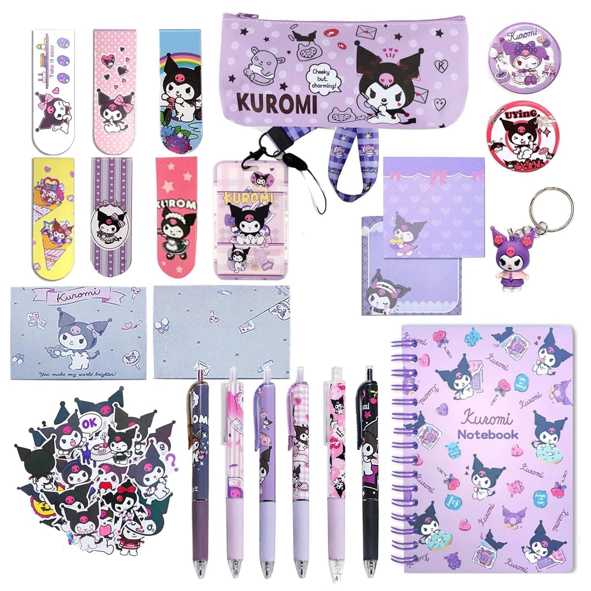 HASTHIP® 23Pcs Kawaii Kuromi School Supplies Set, Kawaii Stationeries Set with Notebook Pencil Pouch, Click Pens, Card Holder, Book Markers, 50Pcs Kuromi Stickers, Note Stickers, Girls School Gift Set