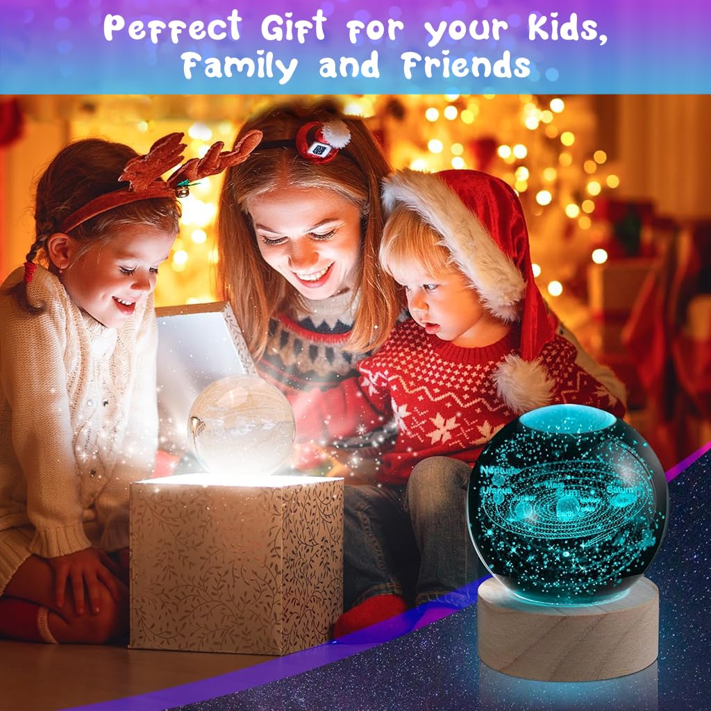 3D Solar System Crystal Ball Night Light, Colors Change Glass Ball Lamp with LED Light Wooden Base, Solar System Lamp for Bedroom Home Decor,