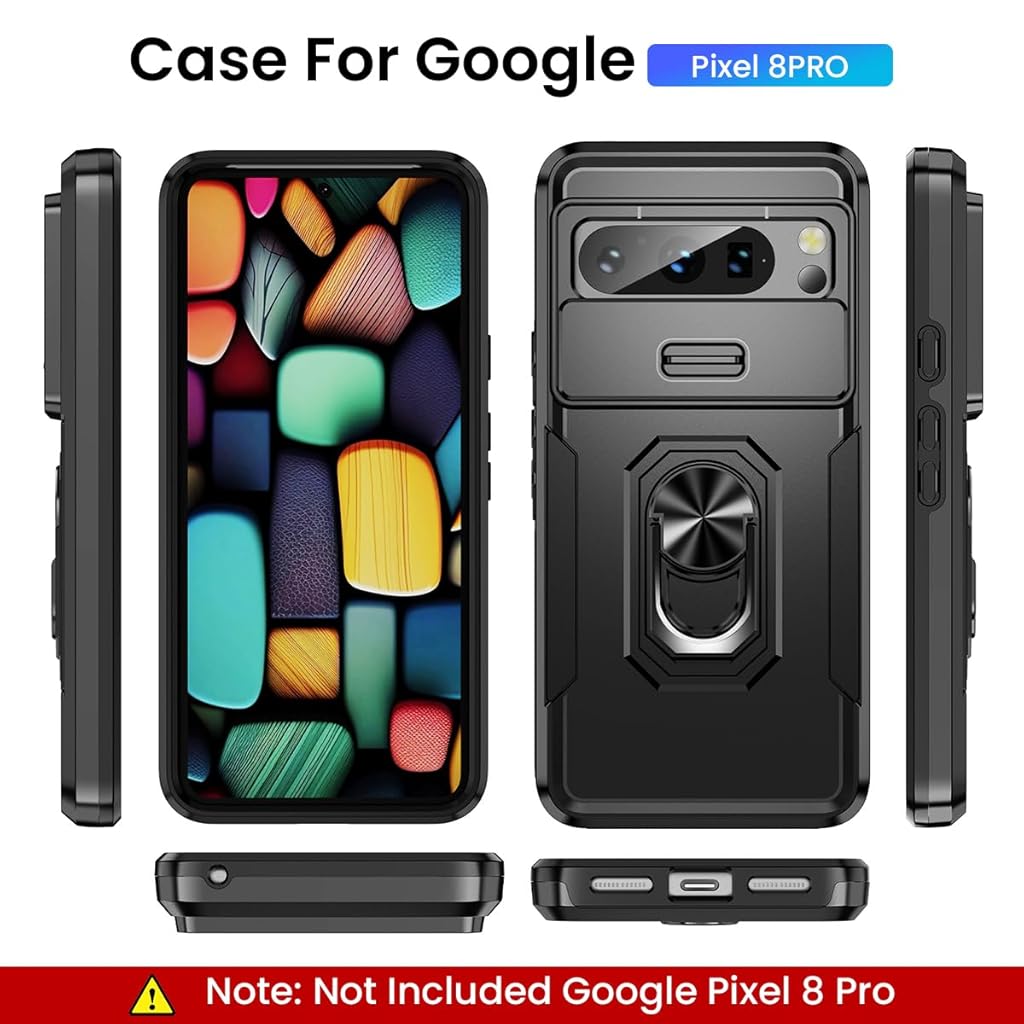 HASTHIP® Kickstand Phone Grip & Sliding Camera Cover, Military-Grade Anti-Scratch 360° Rotatable Stand for Google Pixel 8 Pro, Black PC+TPU, Shockproof, Lightweight, Wear-Resistant Phone Case