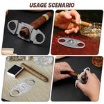 HASTHIP Cigar Cutter with Double Stainless Steel Blades and PU Pouch | Silver Etched Design