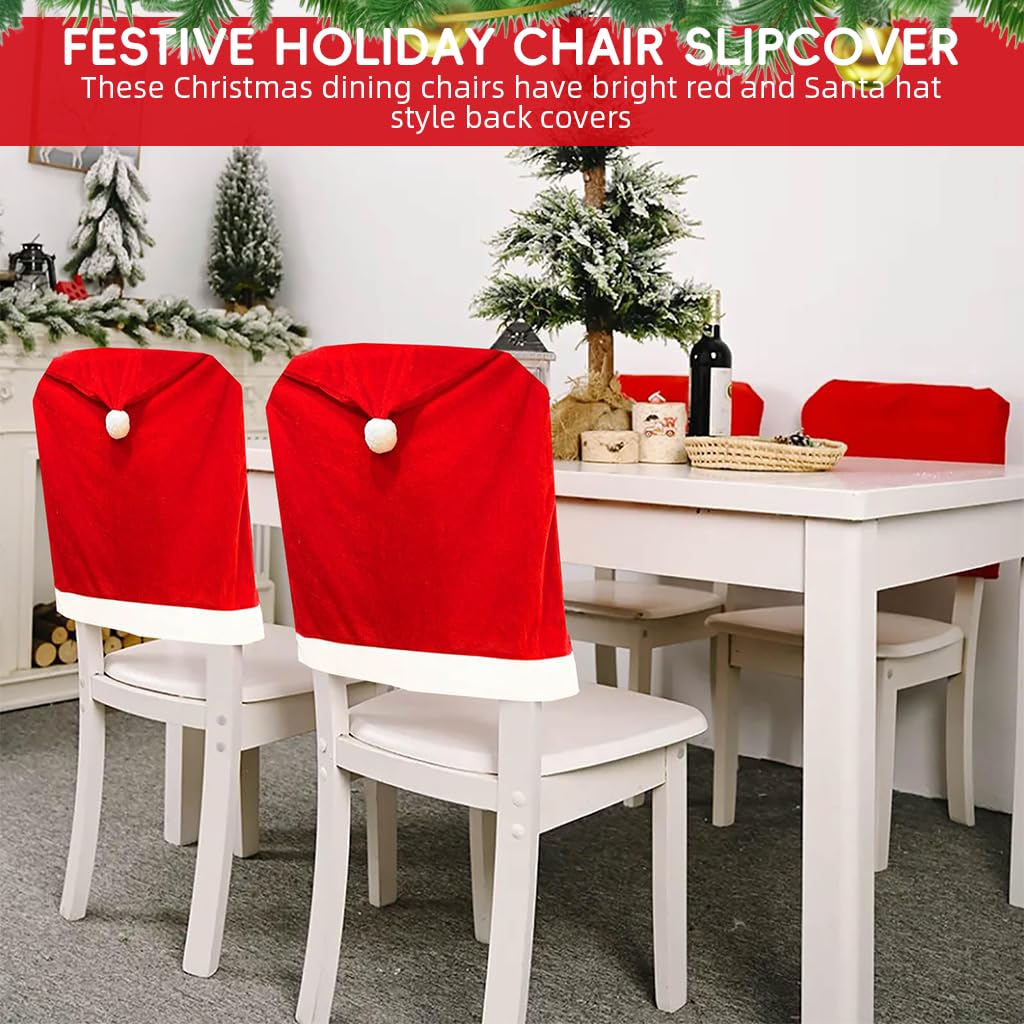 HASTHIP Christmas Chair Covers for Dining Room featuring 4PCS Santa Hat Design | Red Fabric Decor