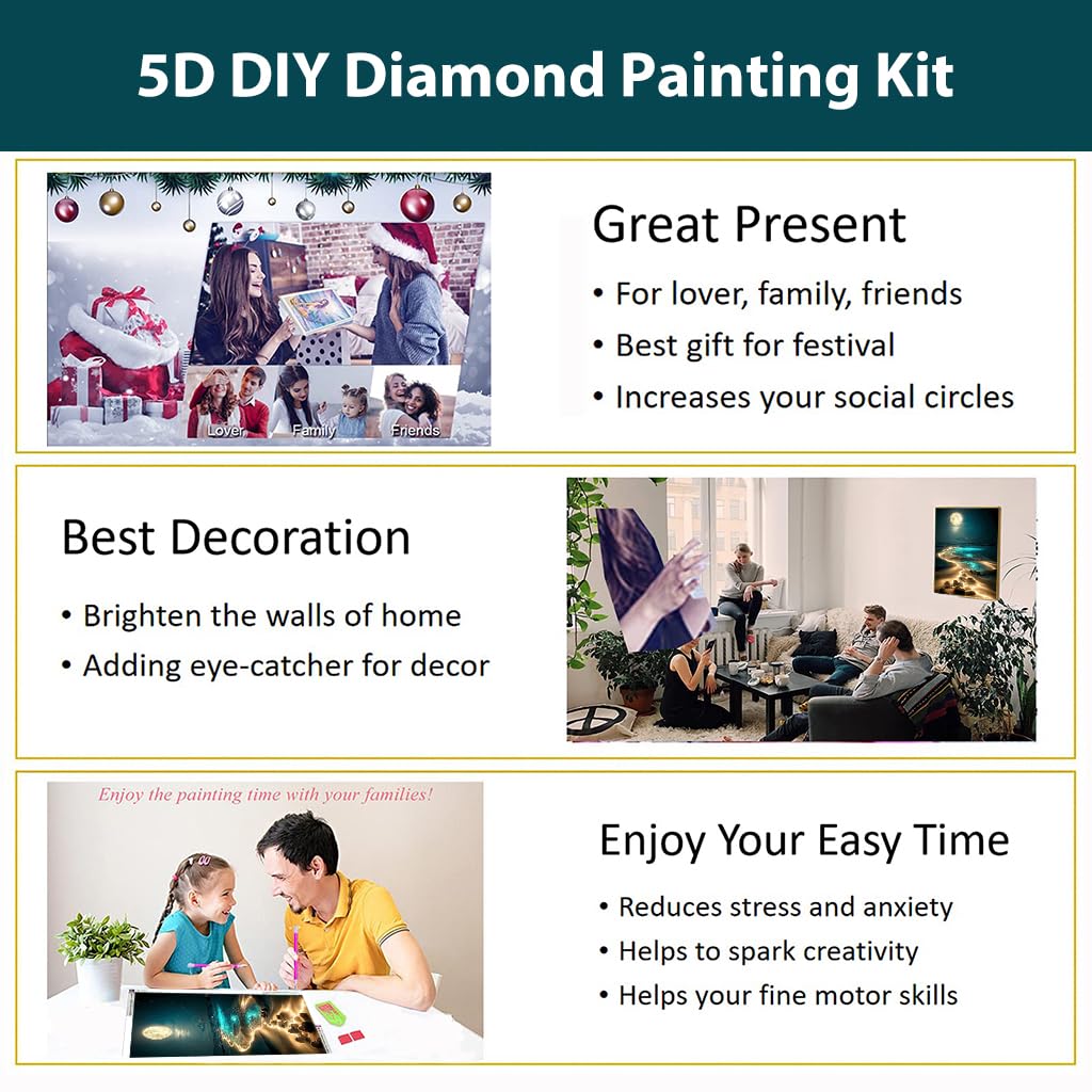 HASTHIP® DIY 5D Diamond Painting Art Kit Dreamy Beach Moonlit Night Diamond Painting Beginner DIY 5D Diamond Painting for Home Decor, No Frame Wall Decor 5D Diamond Painting, 12 x 16 Inch