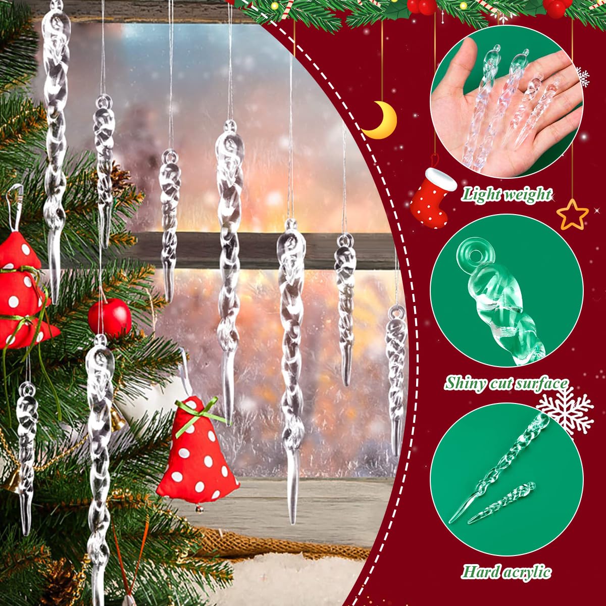 HASTHIP Christmas Tree Decorations 24 Pcs Icicle Ornament Set with Resin Spiral Design for Home and Party Decor