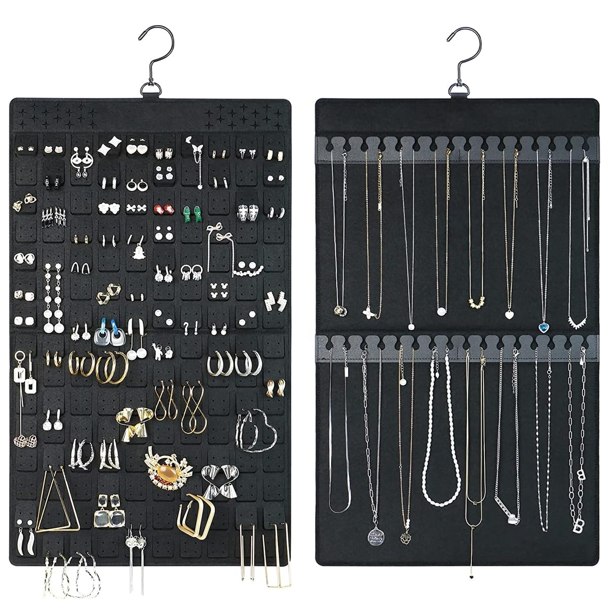 HASTHIP Hanging Jewellery Organizer for Closet and Wall with Dual Sides | Holds 300 Pairs and 30 Necklaces Black