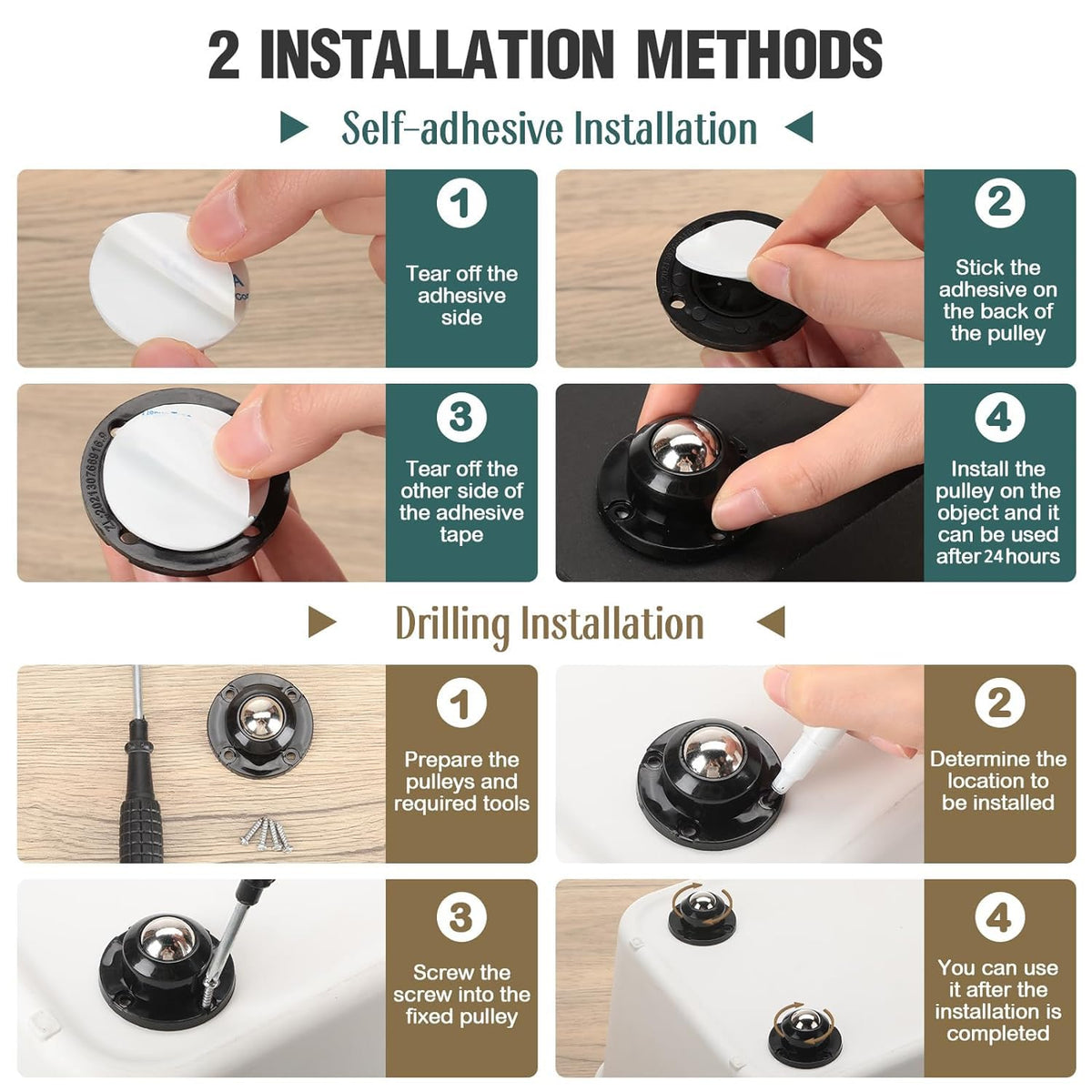 HASTHIP Self Adhesive 360° Swivel Caster Wheels 12pcs for Furniture and DIY Projects | Black Heavy Duty 400Kg Capacity