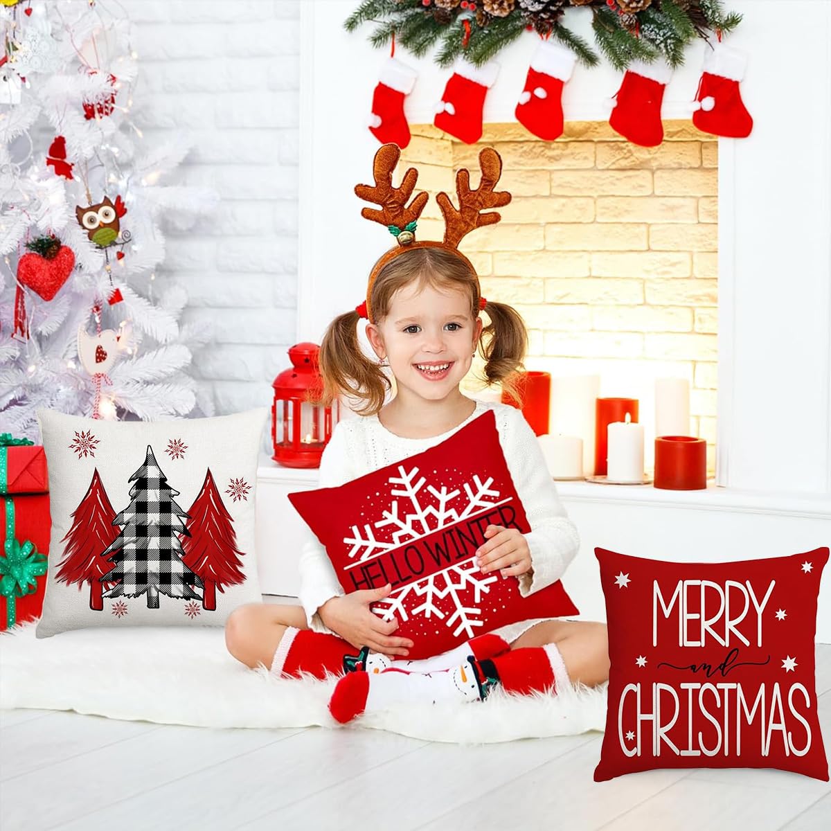 HASTHIP® 4Pcs Christmas Square Pillow Covers 15.7 inches SquareLinen Printed Pillow Cover Classic Christmas Sofa Pillow Covers SquarePillow Covers for Christmas