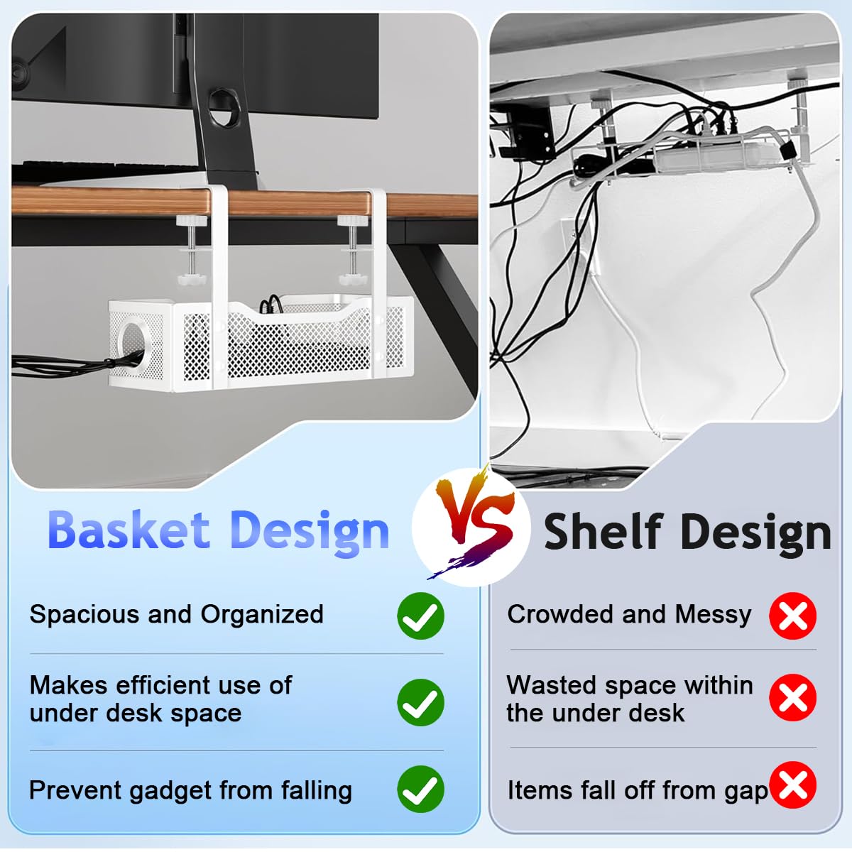 HASTHIP® No Drill Under Desk Cable Management Tray, Adjustable Metal Wire Organizer Rack with Clamp for Cord, Power Strip & Network Cable Storage, Office Or Home Use, 13x4.7x3.1 inches (White)