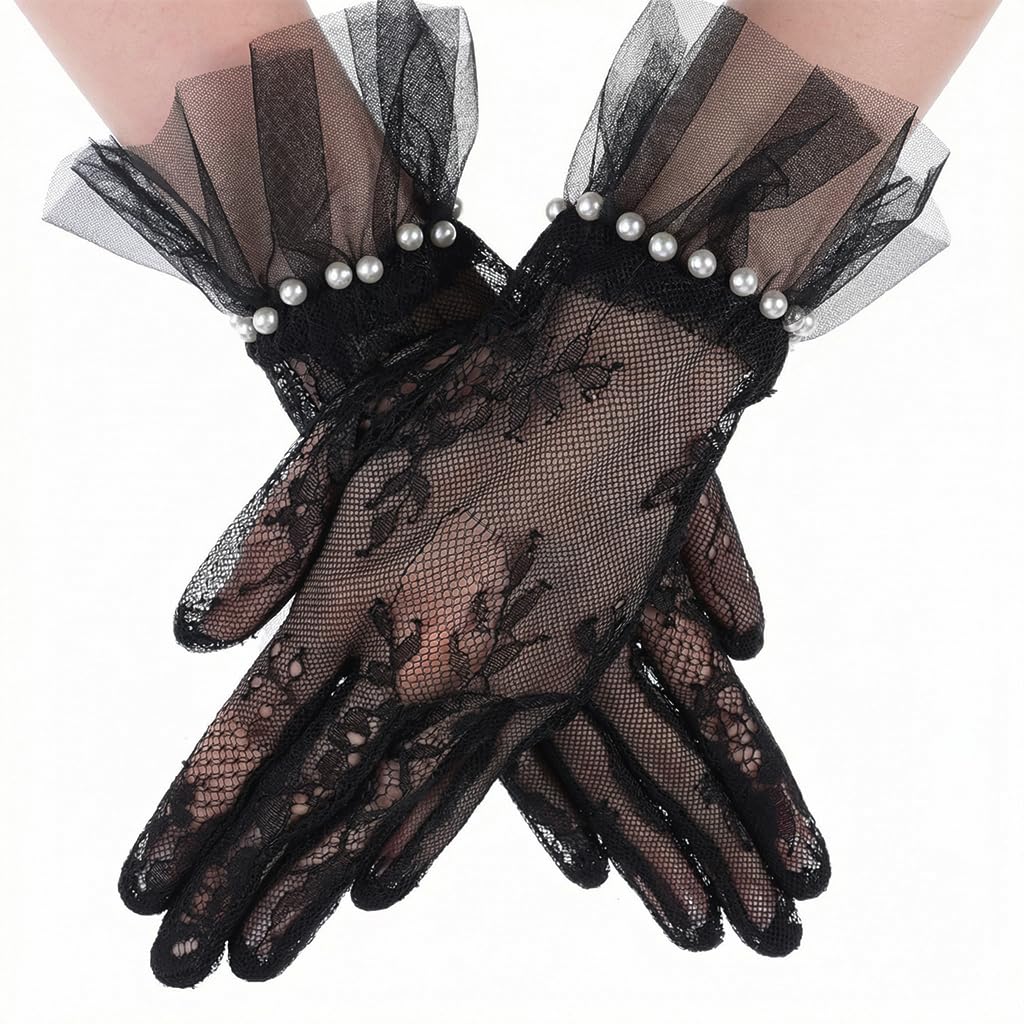 HASTHIP® Guantes de Malla Negra para Mujer, Elegantes Guantes de Encaje Transpirable, Accesorio Retro para Fiesta, Boda, Disfraz o Baile Nocturno
