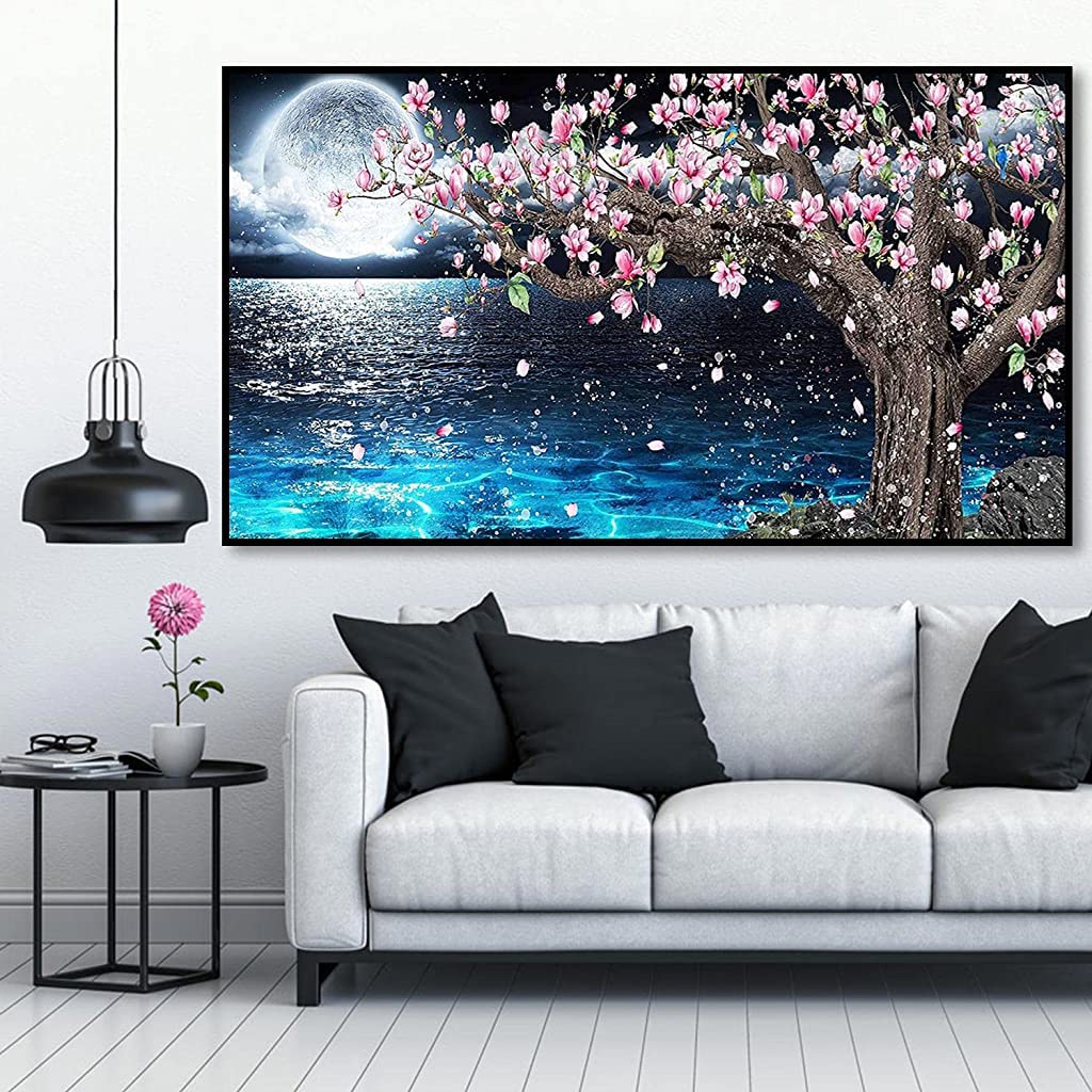 HASTHIP Diamond Painting Kit for Adults with Full Drill Crystal Rhinestones 27.5 x 15.7in | Lake Moon DIY Wall Art Decor