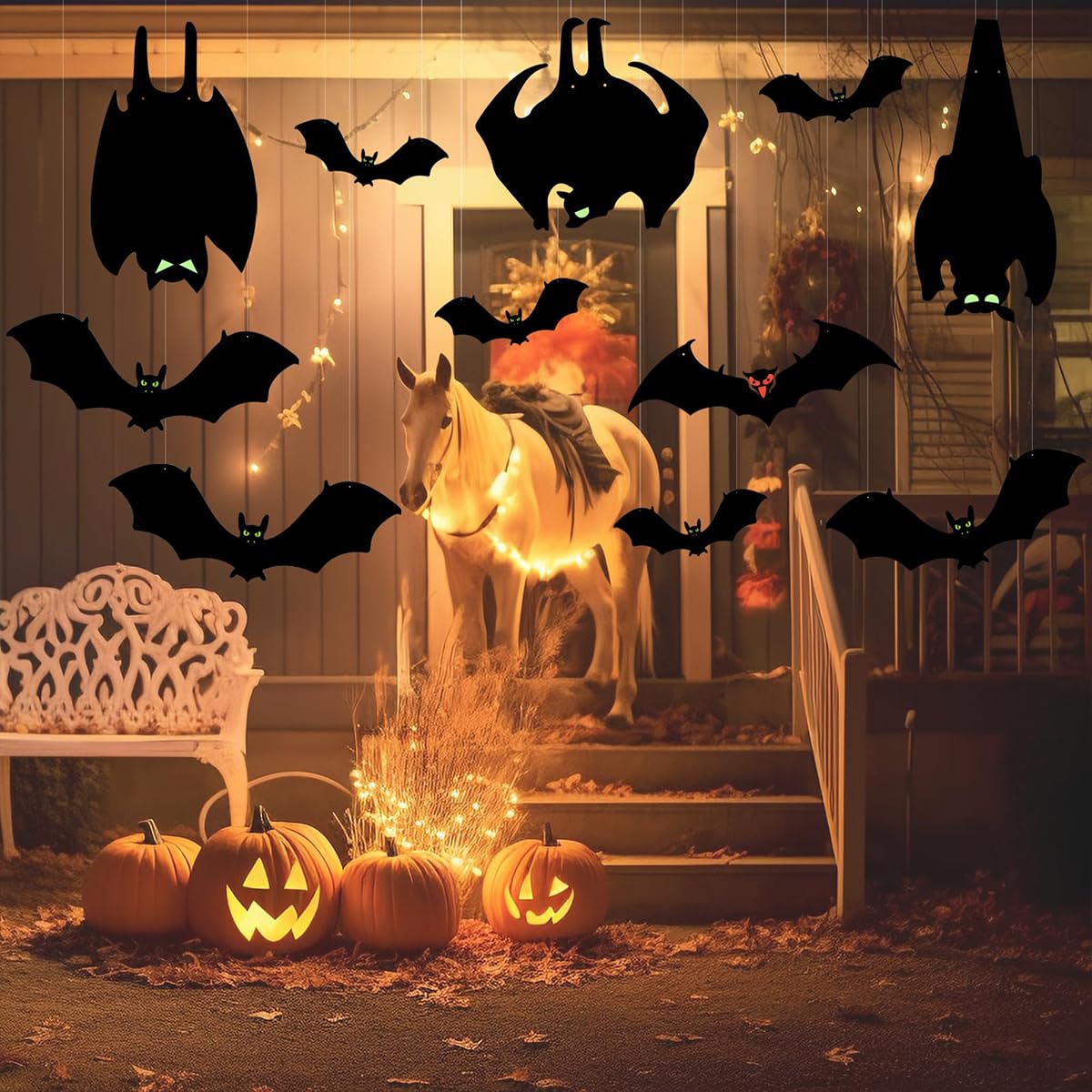 HASTHIP Halloween Home Decorations for Party with 13 Bats & Glow-in-the-Dark Eyes | PVC Wall and Tree Hanging Decor