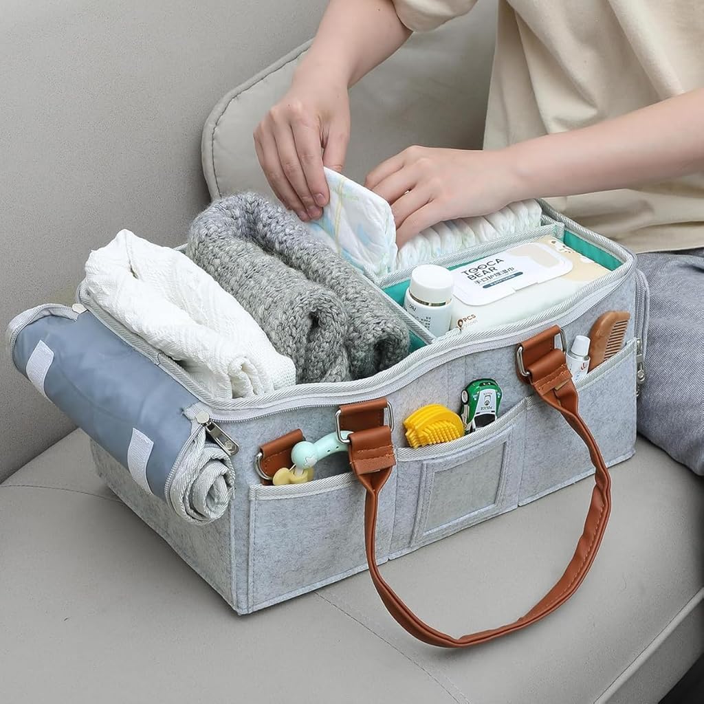 HASTHIP® Organizador de Pañales de Bebé Fieltro con Asas,Cesta Portátil Multi Compartimentos para Artículos Bebé,Bolsa Organizadora para Mamá,Regalo Baby Shower y Esenciales