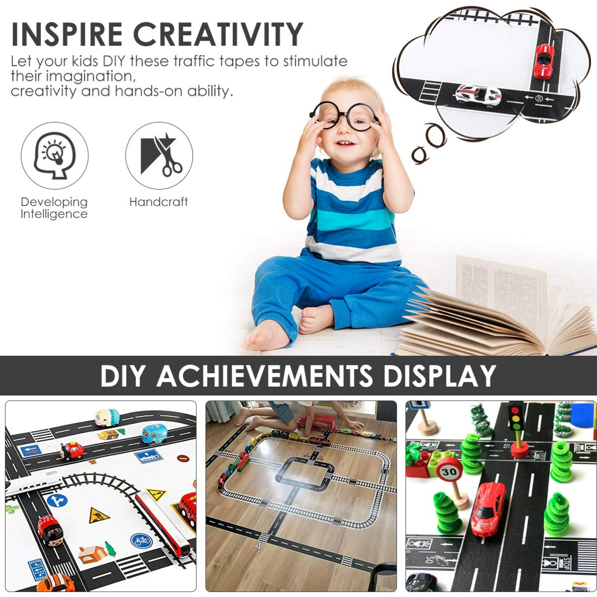 HASTHIP Washi Masking Tape Set for DIY Toy Car Roads with 4 Rolls 5m Each and Traffic Stickers