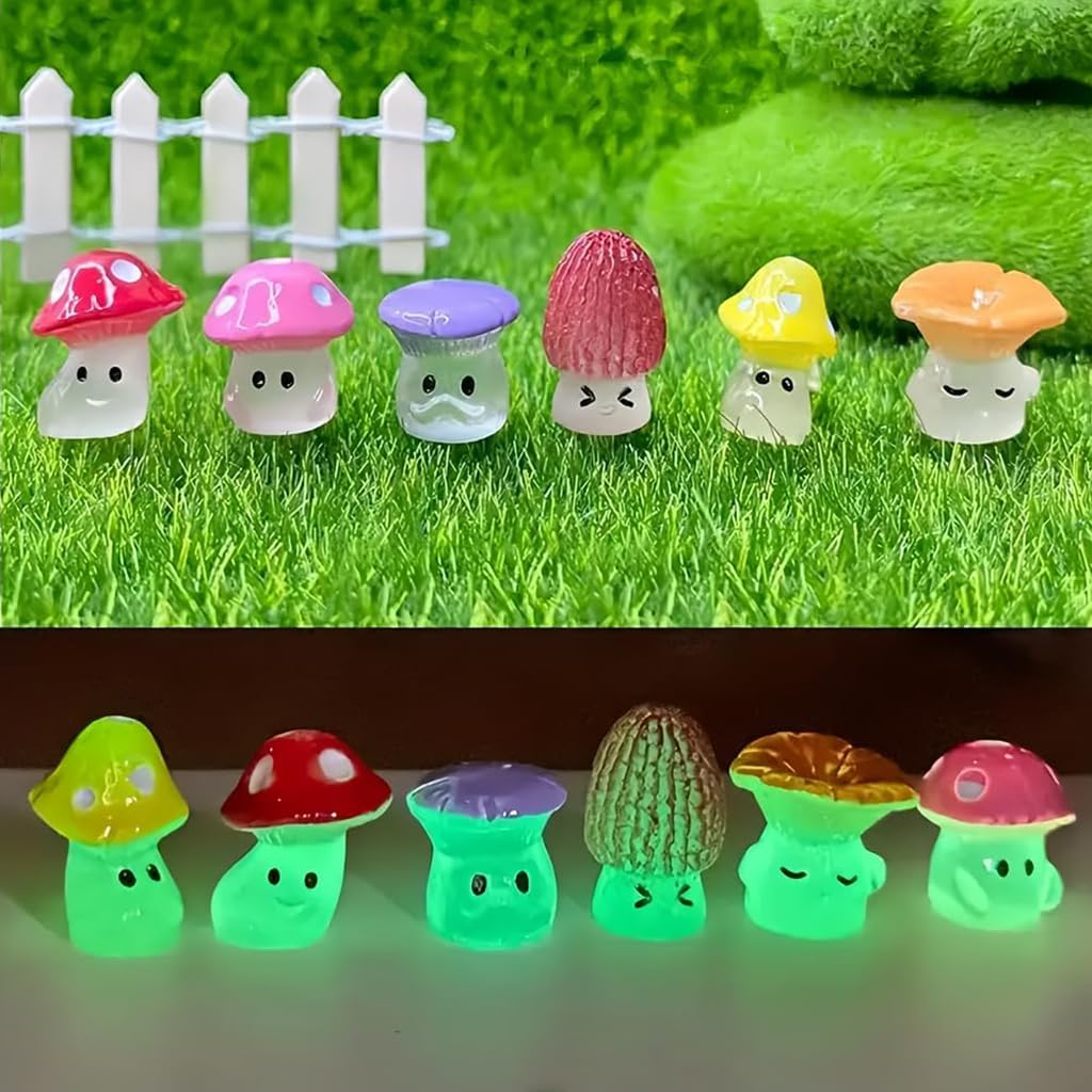 HASTHIP® 6Pcs Mini Luminous Mushrooms Plant Miniature Moss Landscape Decorations Resin Miniature Decor for Moss Landscape, Garden Ornament, Flower Pots, Dollhouse Garden Decorations, 1.2x1.6cm