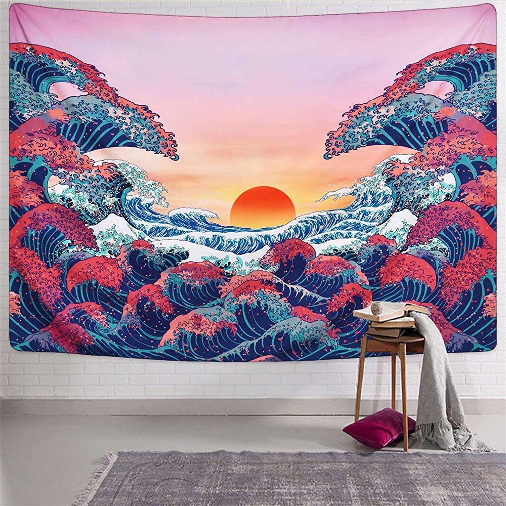 Sunset Wall Tapestry Forest Tree Tapestry Mountain Tapestry Wall Hanging Psychedelic Nature Polyester Landscape Tapestry Wall Decor for Bedroom(51"X59"), Polyester, blue