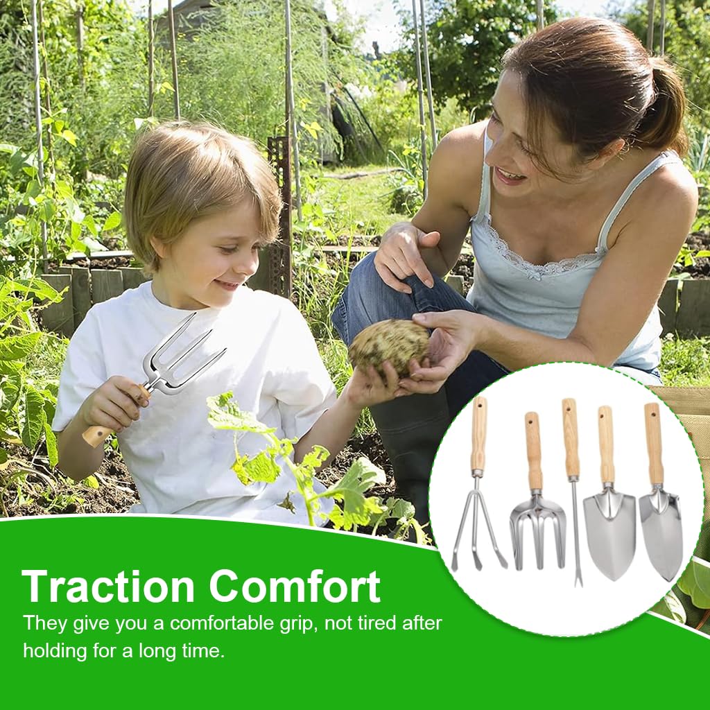 HASTHIP Gardening Tools Set for Planting and Weeding with Wooden Handles | 5Pcs Stainless Steel featuring Laser Etched Scale