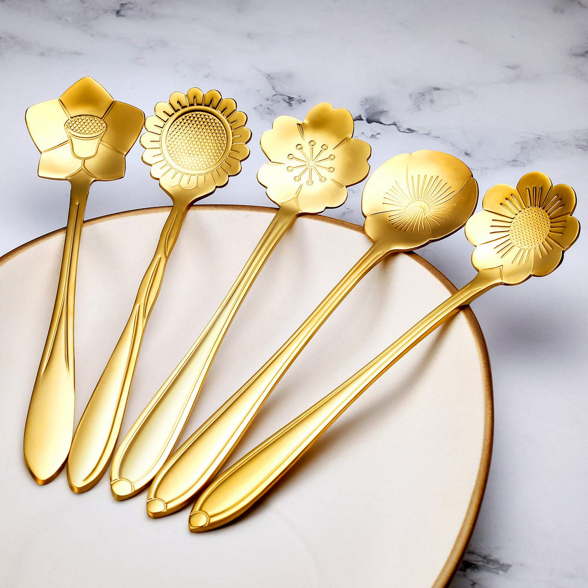 Hasthip Flower Spoon Set for Coffee and Tea with 8 Patterns | 410 Stainless Steel 11.9 cm