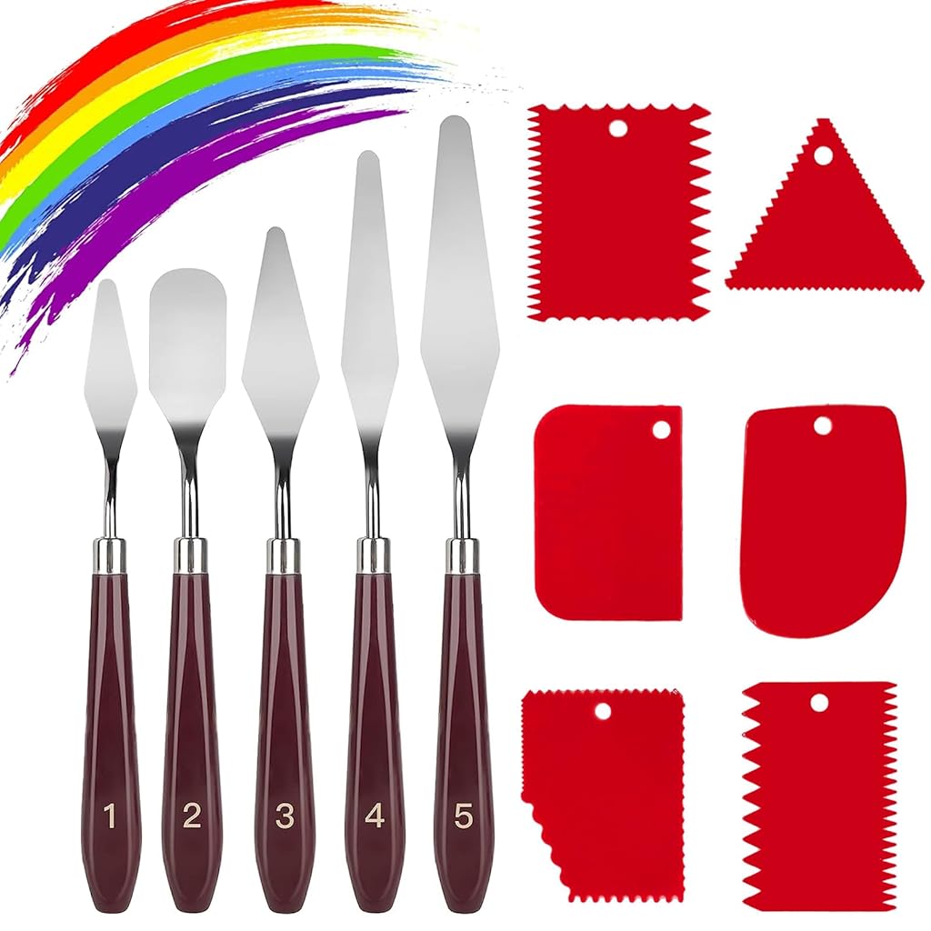 HASTHIP® Juego de 11 Espátulas y Raspadores para Pintar,5 Cuchillos de Paleta Acero Inoxidable y 6 Raspadores Plástico,Accesorios para Mezcla Color