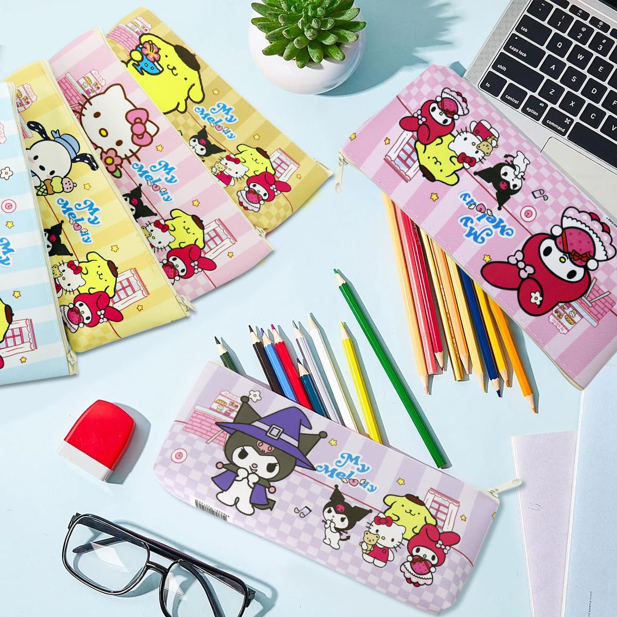 HASTHIP® 6Pcs Sanrio Pencil Pouch Cartoon Print Cinnamoroll, Kitty, Kuromi Pouch Combo Pencil Pouch for School Students PU Stationeries Pouch for Girls for School Ruturn Gifts for Kids