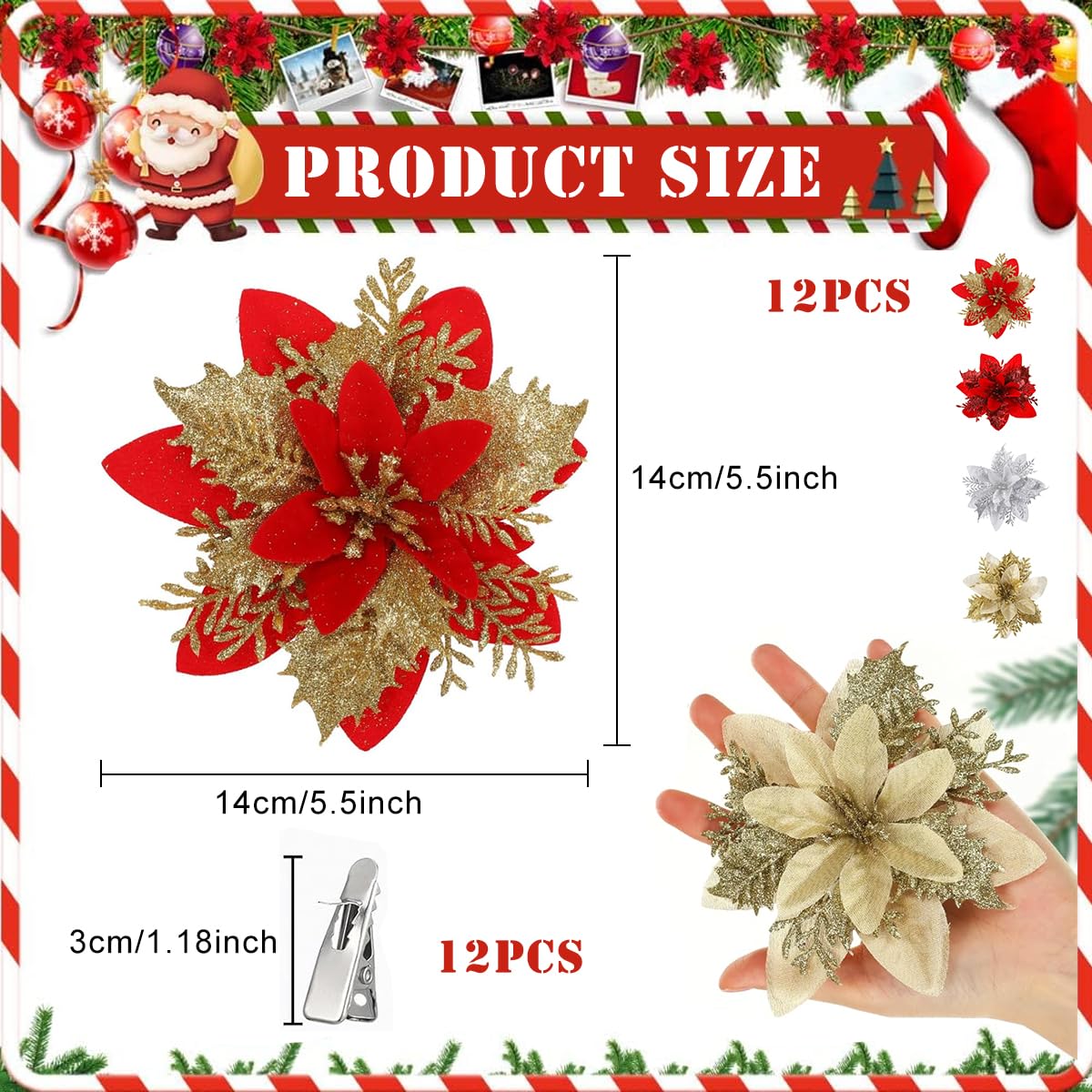 HASTHIP Christmas Poinsettia Flowers for Tree and Home Decor 12 pcs featuring 4 designs | 5.5 in ornaments in red and gold