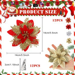 HASTHIP Christmas Poinsettia Flowers for Tree and Home Decor 12 pcs featuring 4 designs | 5.5 in ornaments in red and gold