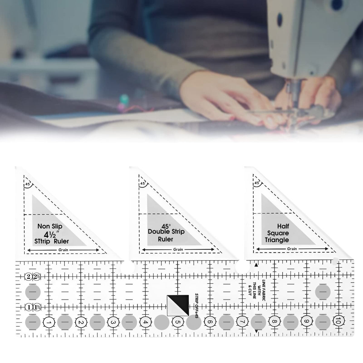 45° Double Strip Ruler, Strip Tube Quilting Ruler, Acrylic Quilt Rulers, Non-Slip Quarter Square Triangle Cutting Guide for Sewing (10 inch)