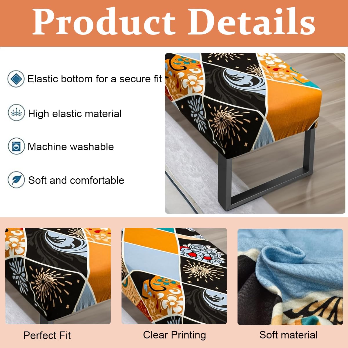 HASTHIP Bench Seat Cover for 42–55 in Benches with Stretch Fit Dacron Fabric and Floral Print