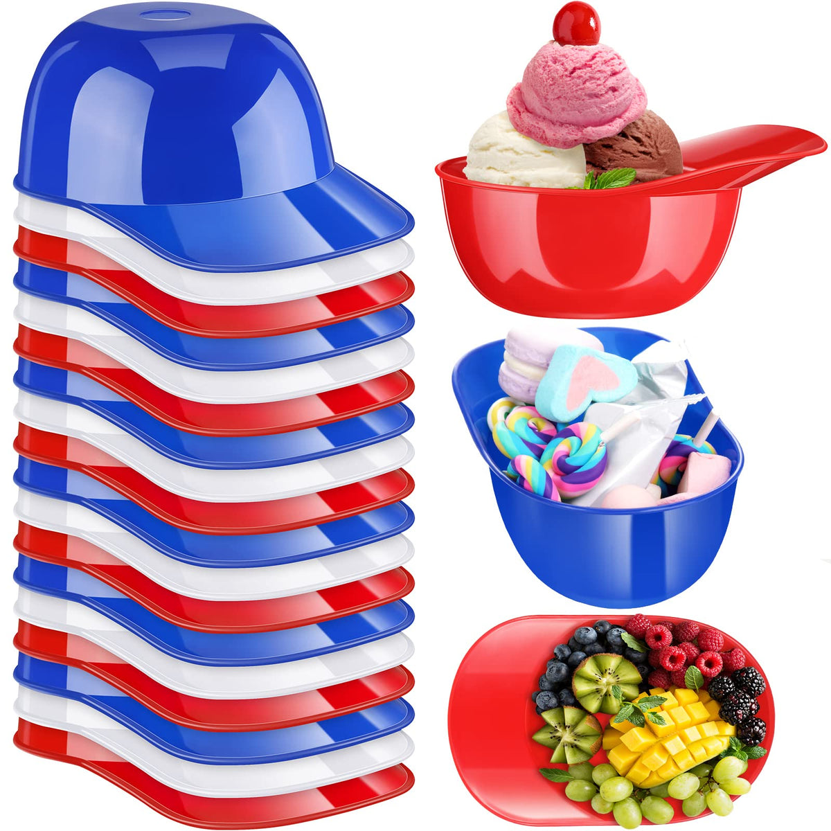 HASTHIP® Cuencos de Postre en Forma de Casco Béisbol 8 oz,Tazones Mini Plástico Multicolor para Helado,Aperitivos y Salsas 12 Piezas para Fiestas Cumpleaños y Eventos (Rojo Azul Oscuro