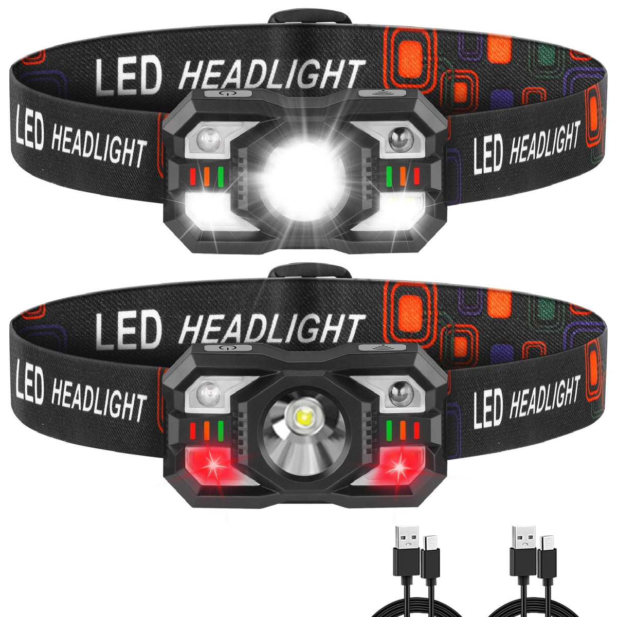 HASTHIP® Linterna Frontal Recargable USB, 2 Piezas Linterna de Cabeza LED Ultraligera con Luz Roja y Sensor de Movimiento, Impermeable, Ajustable, Ideal para Correr, Camping, Senderismo, Ciclismo y