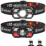 HASTHIP® Linterna Frontal Recargable USB, 2 Piezas Linterna de Cabeza LED Ultraligera con Luz Roja y Sensor de Movimiento, Impermeable, Ajustable, Ideal para Correr, Camping, Senderismo, Ciclismo y