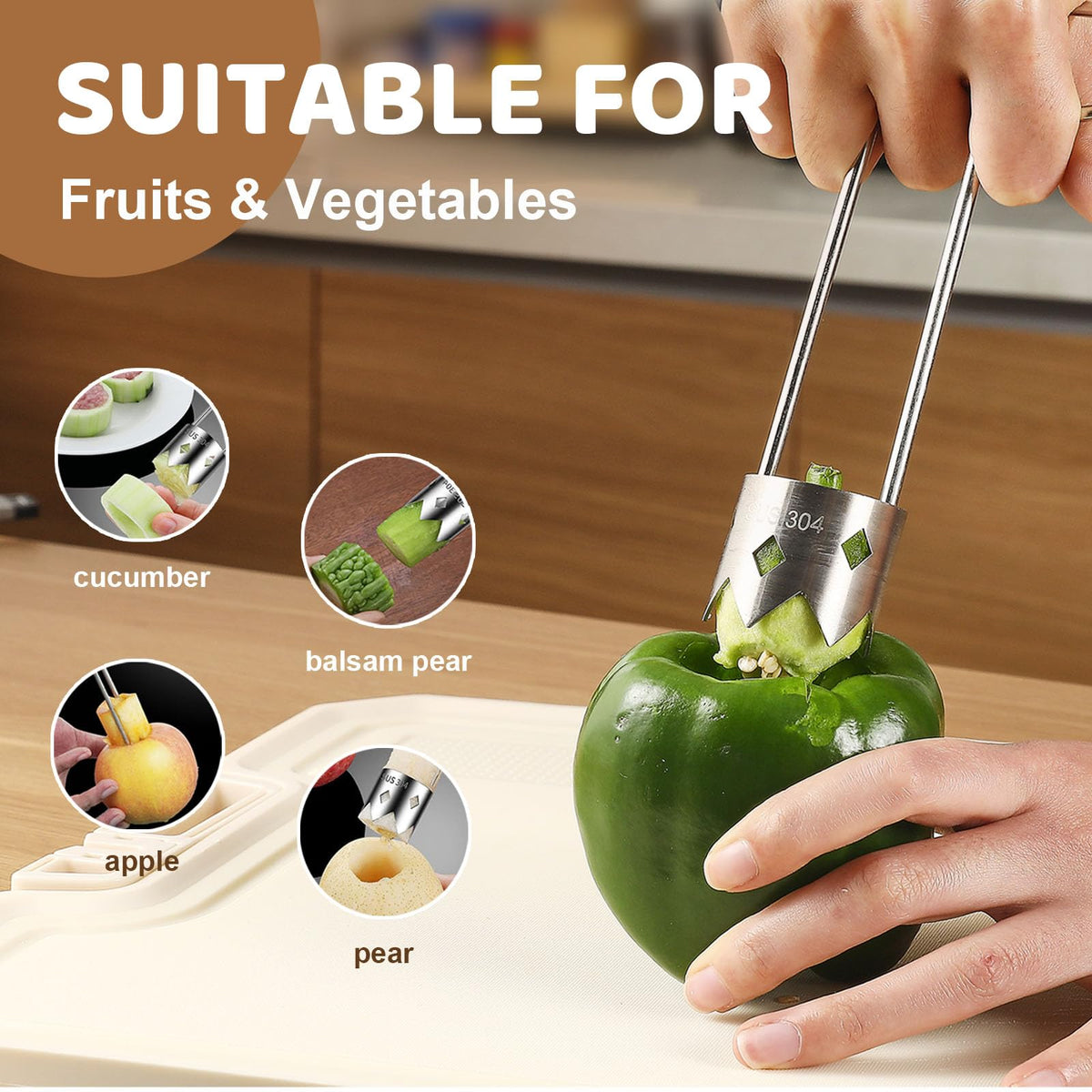 HASTHIP Red Bell Pepper Seed Corer for Fruits and Vegetables with Serrated Cylindrical Blade | 304 Stainless Steel 1 Pcs