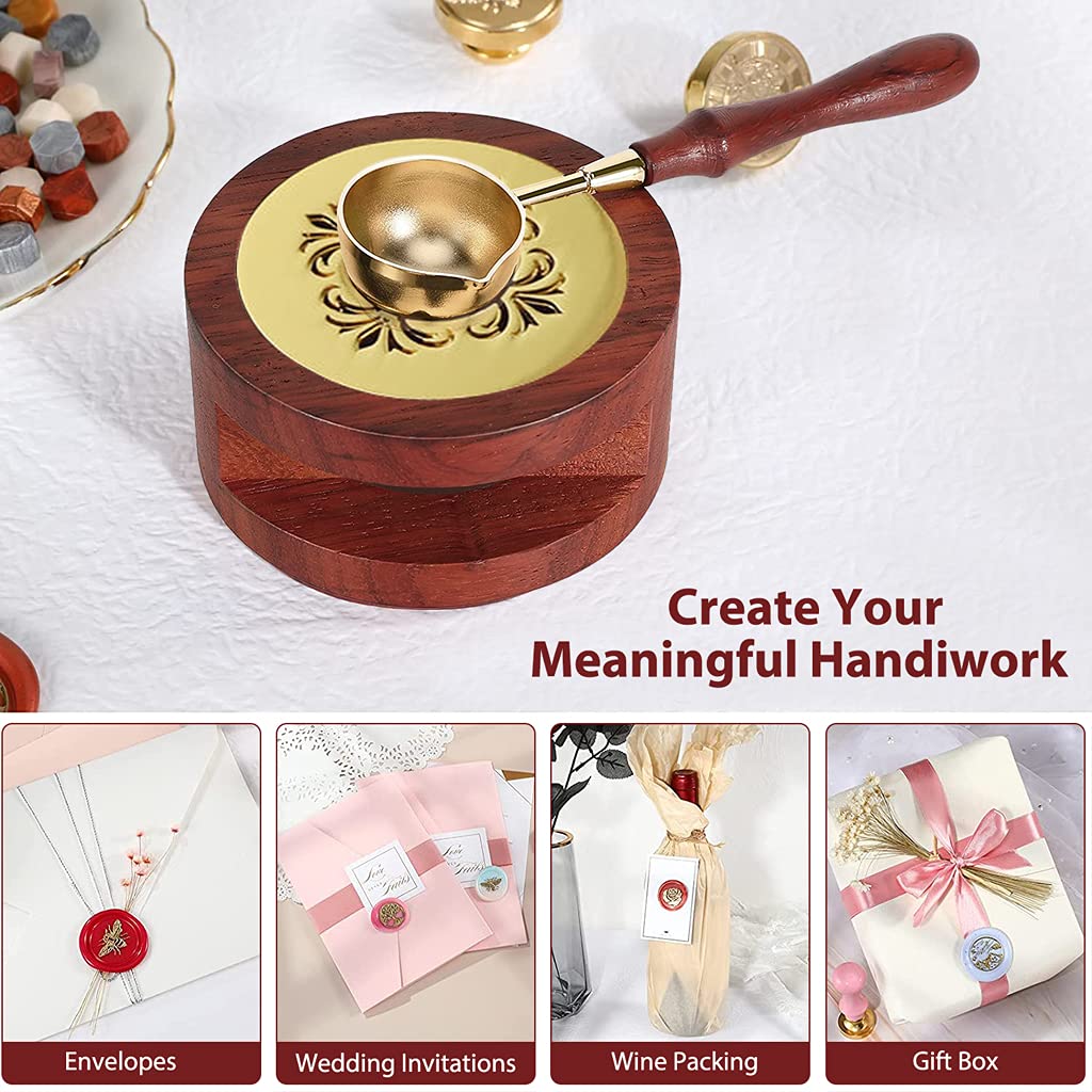 HASTHIP Wax Seal Stamp Kit for Envelopes and Invitations with Brass Spoon and 7.5 cm Furnace | Wood and Metal Wax Melting Set