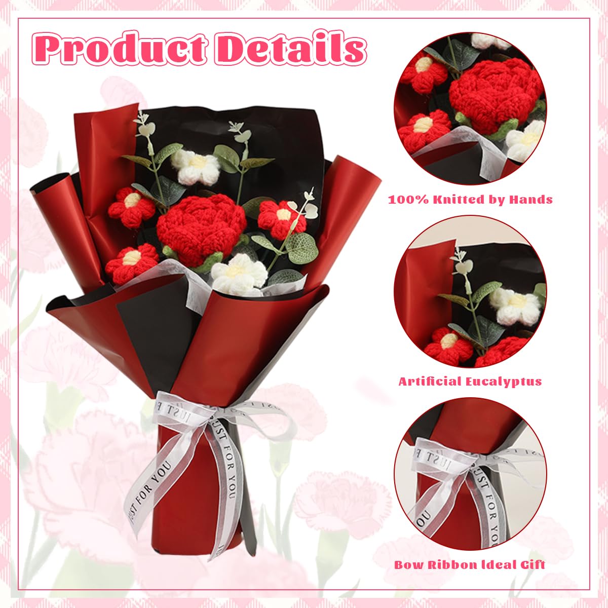 HASTHIP Crochet Mini Rose Flower Bouquet for Wedding and Desk Decor with String Lights