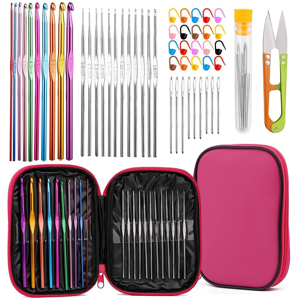 Aluminium 54Pcs Crochet Needles Set,Ergonomic Crochet Hooks Kit With Storage Case,Crochet Hooks Needles Set Stitch Marker Diy Craft Hand Knitting Craft Art Tools For Beginners,Assorted