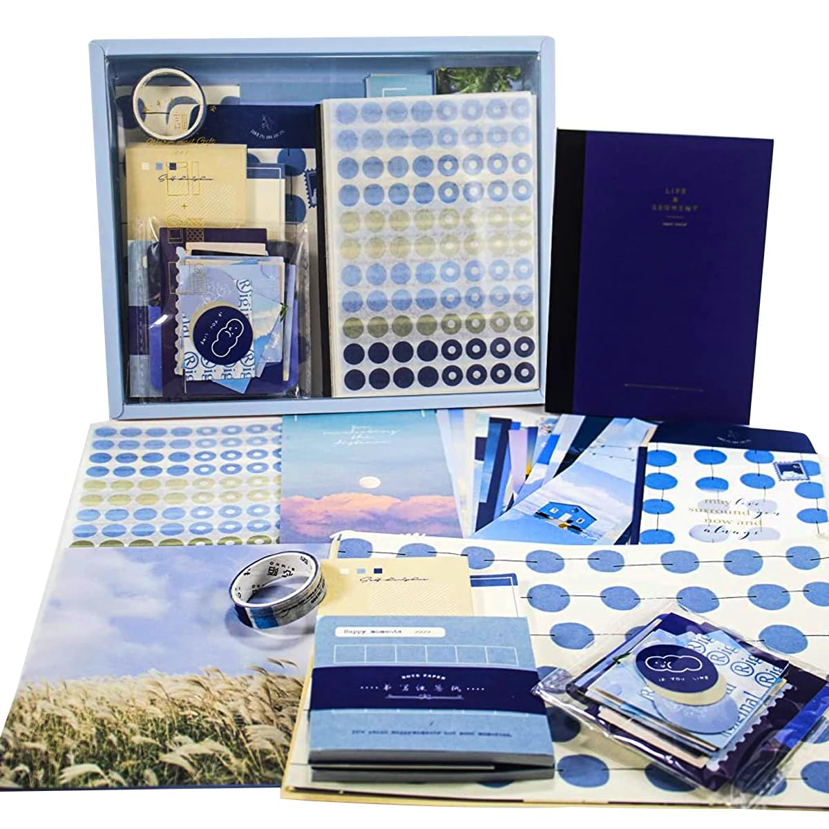 HASTHIP Scrapbook Kit for Journaling and DIY Crafts with 155 pcs A6 Notebook | Blue Clouds Style
