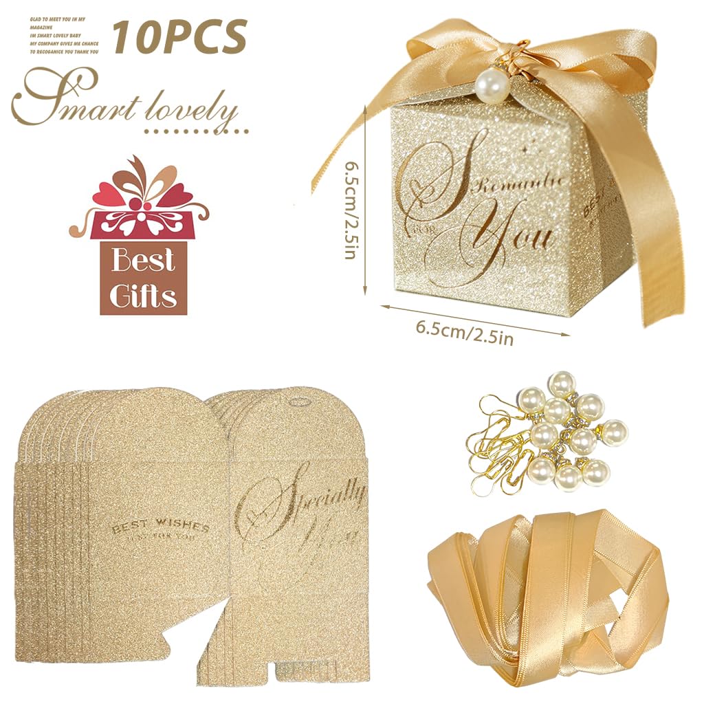HASTHIP Small Gift Boxes for Wedding and Party Favors with Ribbon & Pearl Pin | 10pcs Gold Embossed 6.5×6.5cm Paper Boxes