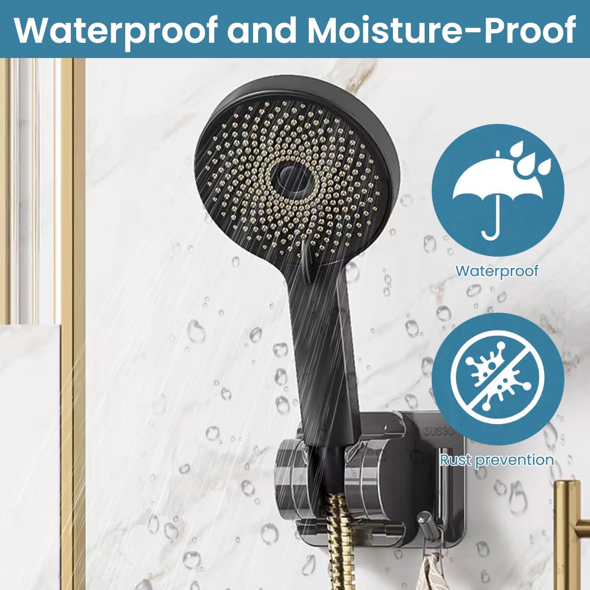 HASTHIP Shower Head Holder for Bathroom with Built in Hook and Strong Adhesive | Stainless Steel Adjustable No Drill Bracket