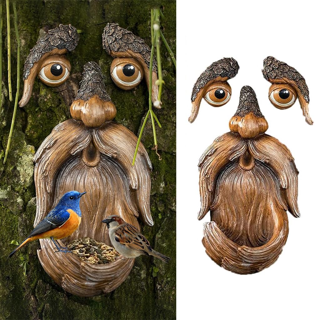 HASTHIP® Garden Bird Feeder Creative Resin Tree Trunk Mounted Bird Feeder Creative Resin Wood Spirit Bird Feeder Handmade Wood Wizard Garden Decor Tree Decor Backyard Decor