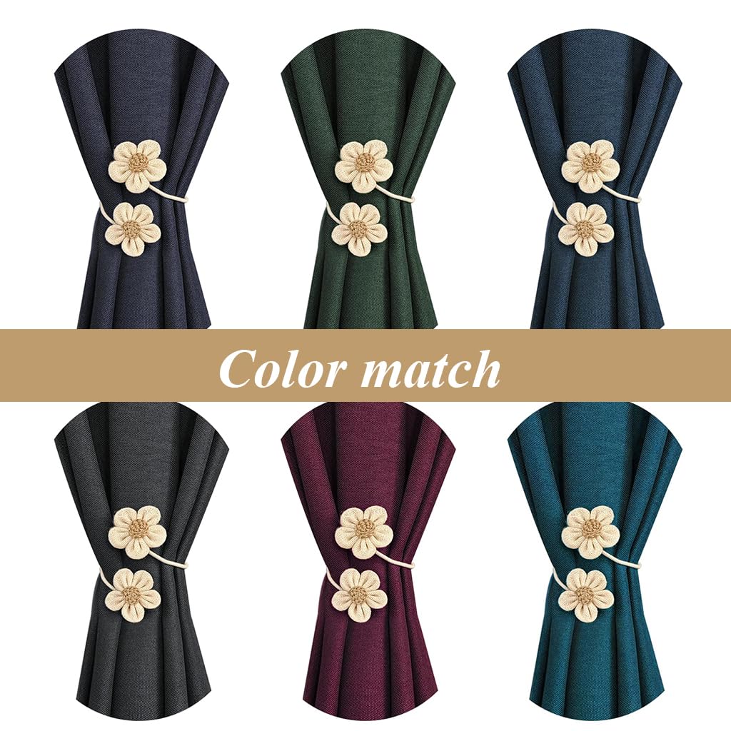 HASTHIP Flower Curtain Tiebacks for Heavy Drapes with Flexible Metal Wire and Cotton Linen | Decorative 2Pcs Set
