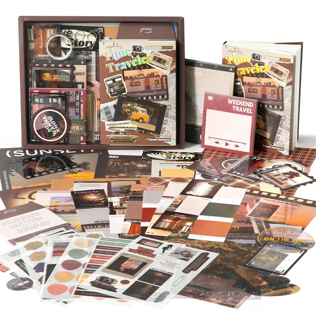 HASTHIP Vintage Scrapbooking Stickers Gift Set for DIY Journals with A6 Notebook and 160x212mm Portable Box | Brown Time-Themed Stationery