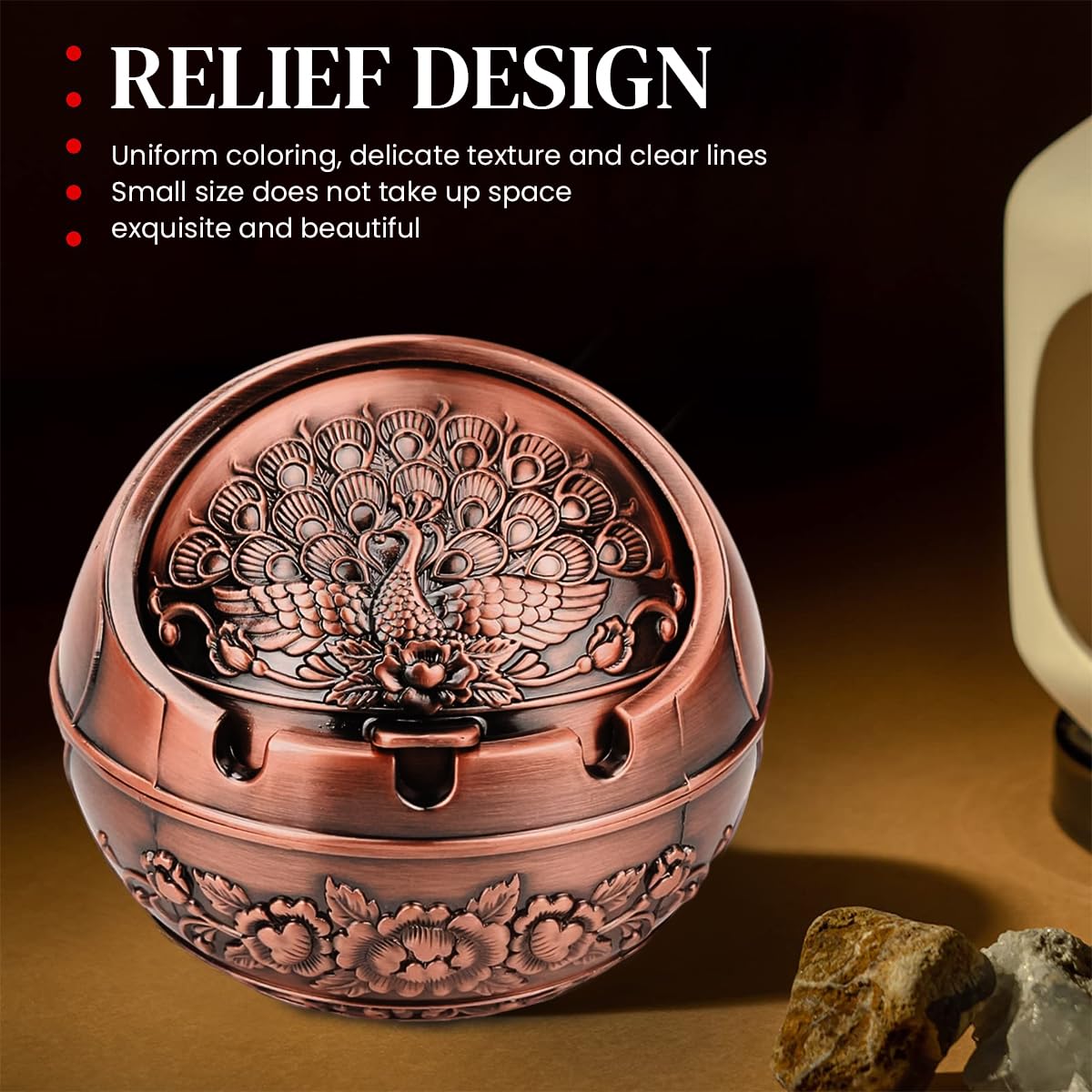 HASTHIP Peacock Ashtray for Home and Car with Closing Lid and 3 Grooves | Zinc Alloy 10x10x9cm