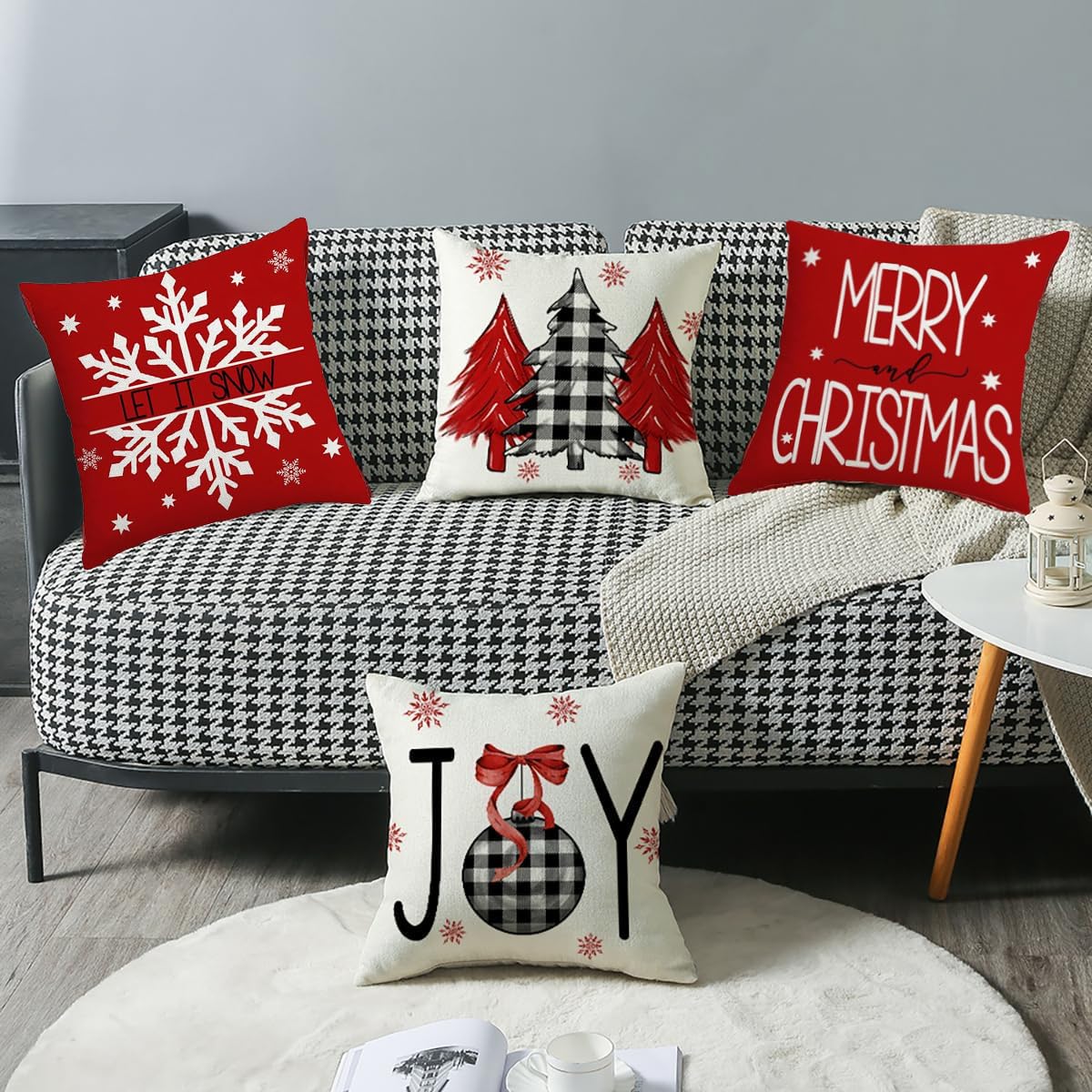 HASTHIP Christmas Cushion Covers 16x16 in Set of 4 with Hidden Zipper Linen Fabric | Festive Sofa Decor