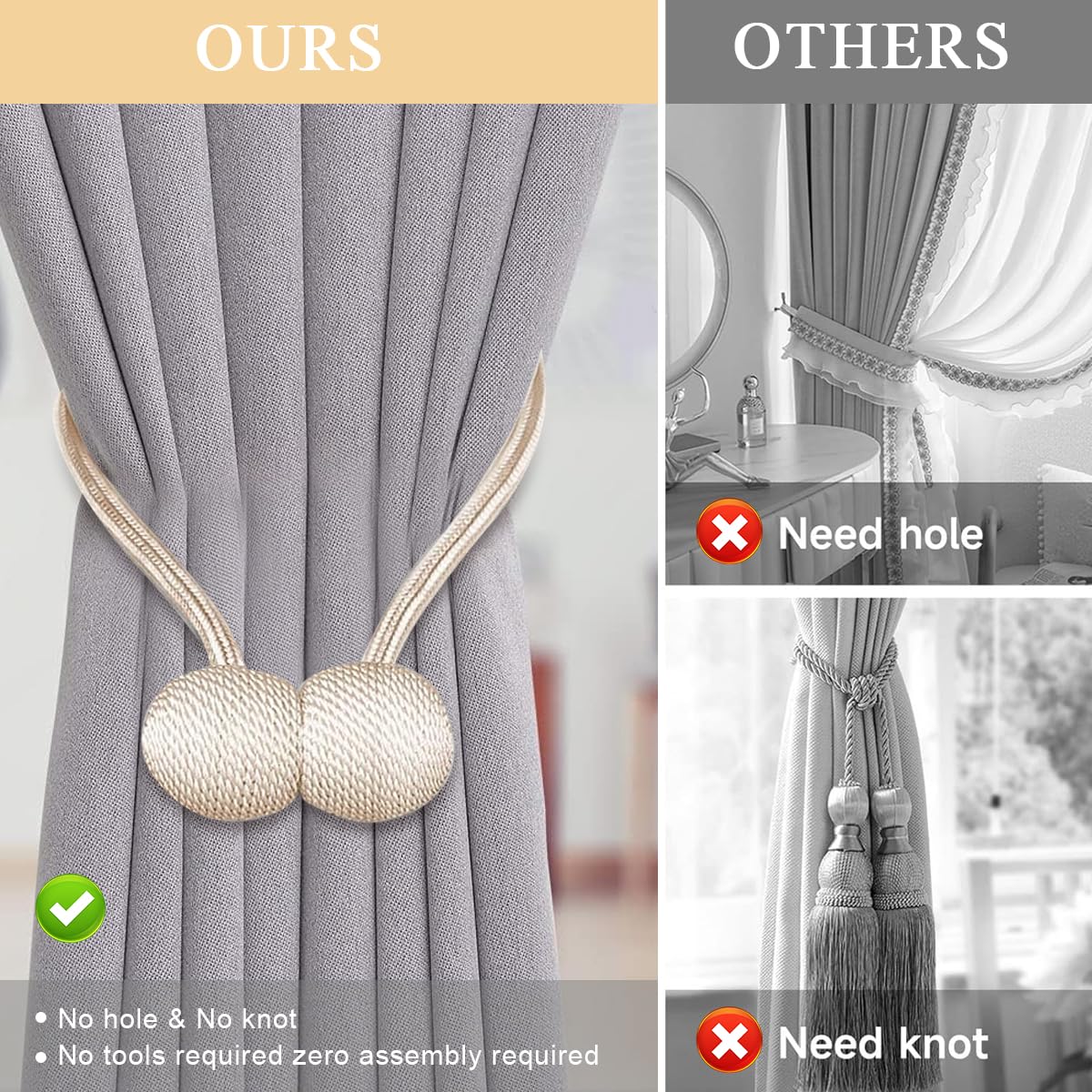 HASTHIP Magnetic Curtain Tiebacks for Home and Office featuring 40cm Rope & 3.3cm Balls | Beige