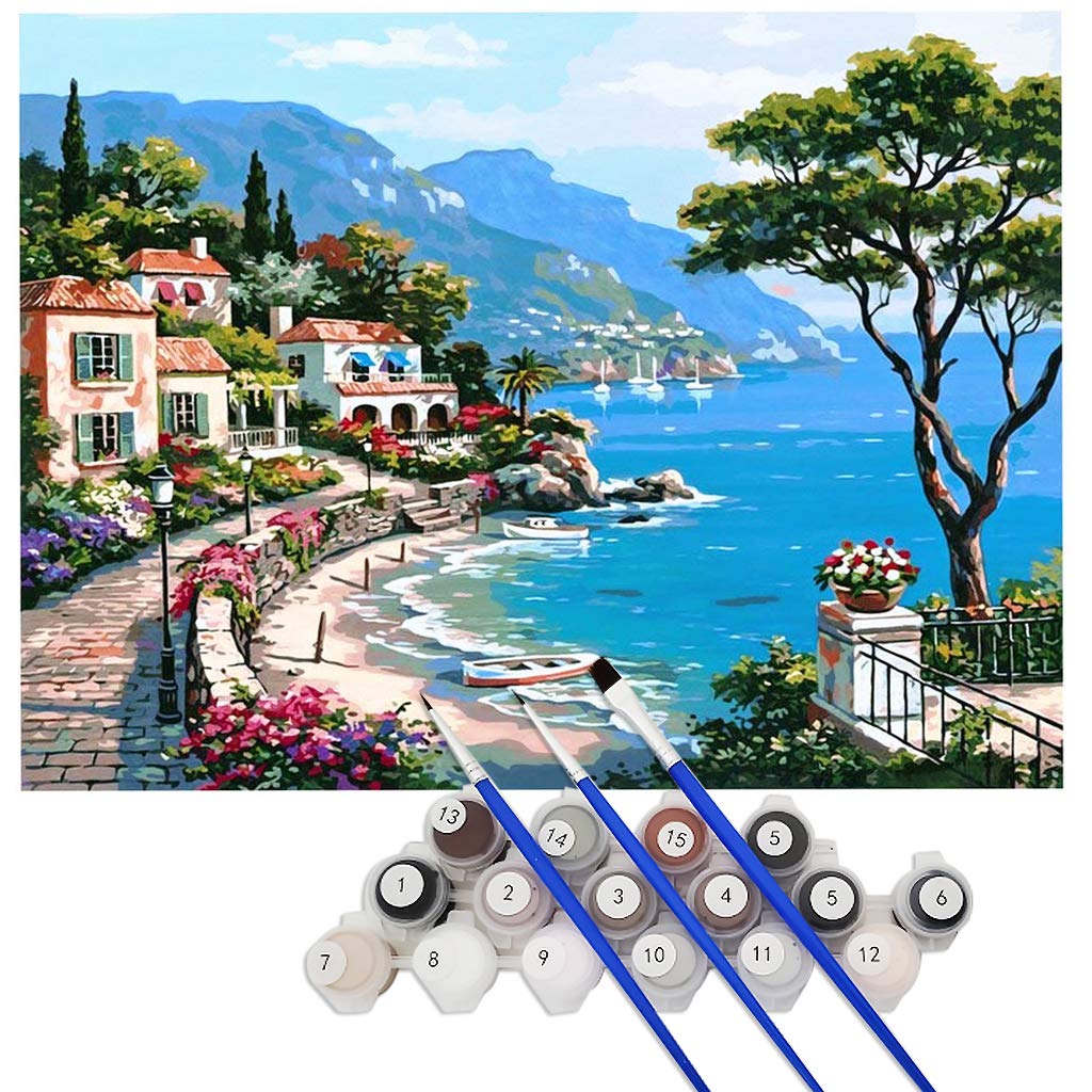 HASTHIP DIY Digital Painting by Numbers Kit for Home Decoration with Linen Canvas | Mediterranean Style Artwork