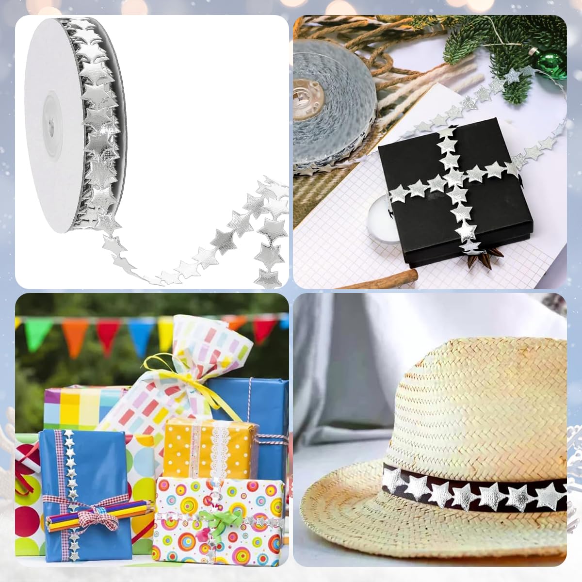 HASTHIP Glitter Star Ribbon Roll for Gift Wrapping and Crafts featuring 32.8ft Silver Chain | Y2K Decorative Glossing Strip