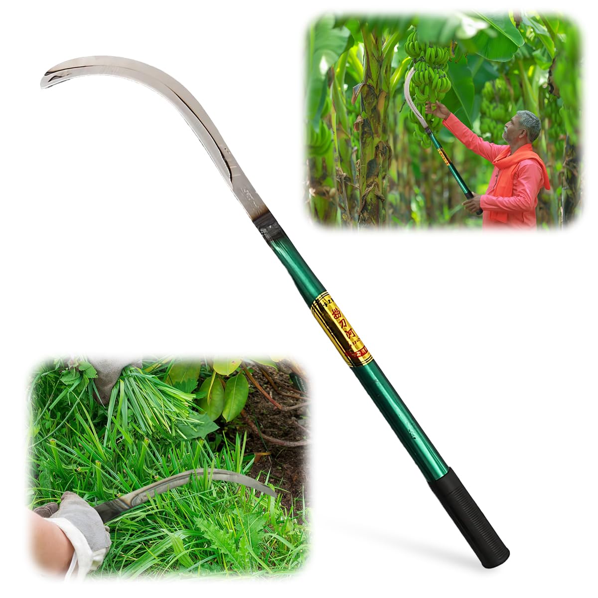 HASTHIP Sickle Weed Remover Tool for Harvesting and Weeding with 40cm Handle featuring Curved Steel Blade